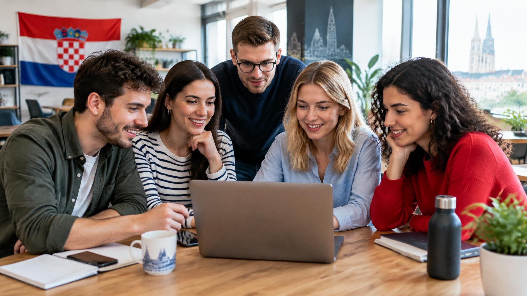 Diverse group of people collaborating around a laptop at a table