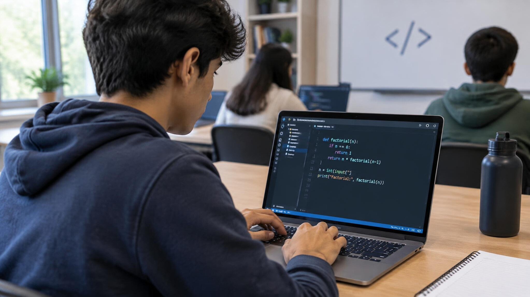 student learning coding on laptop