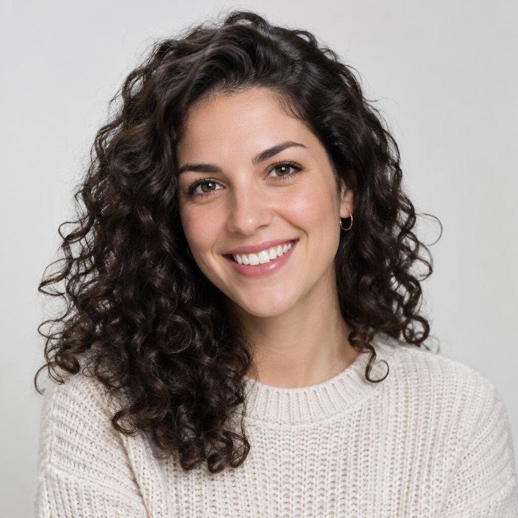 Studio portrait of a young woman with curly hair smiling