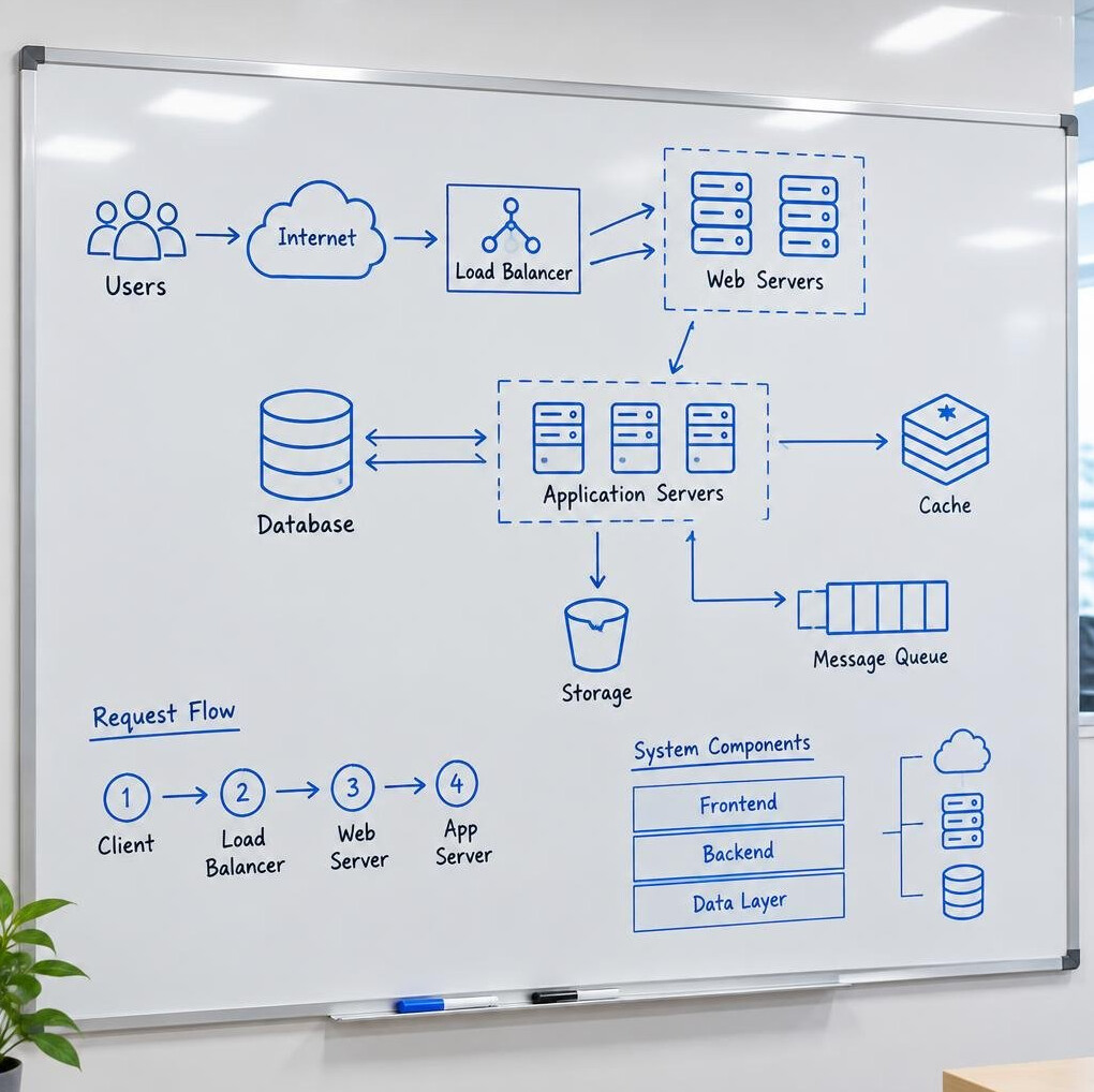 Whiteboard covered with a software architecture flowchart