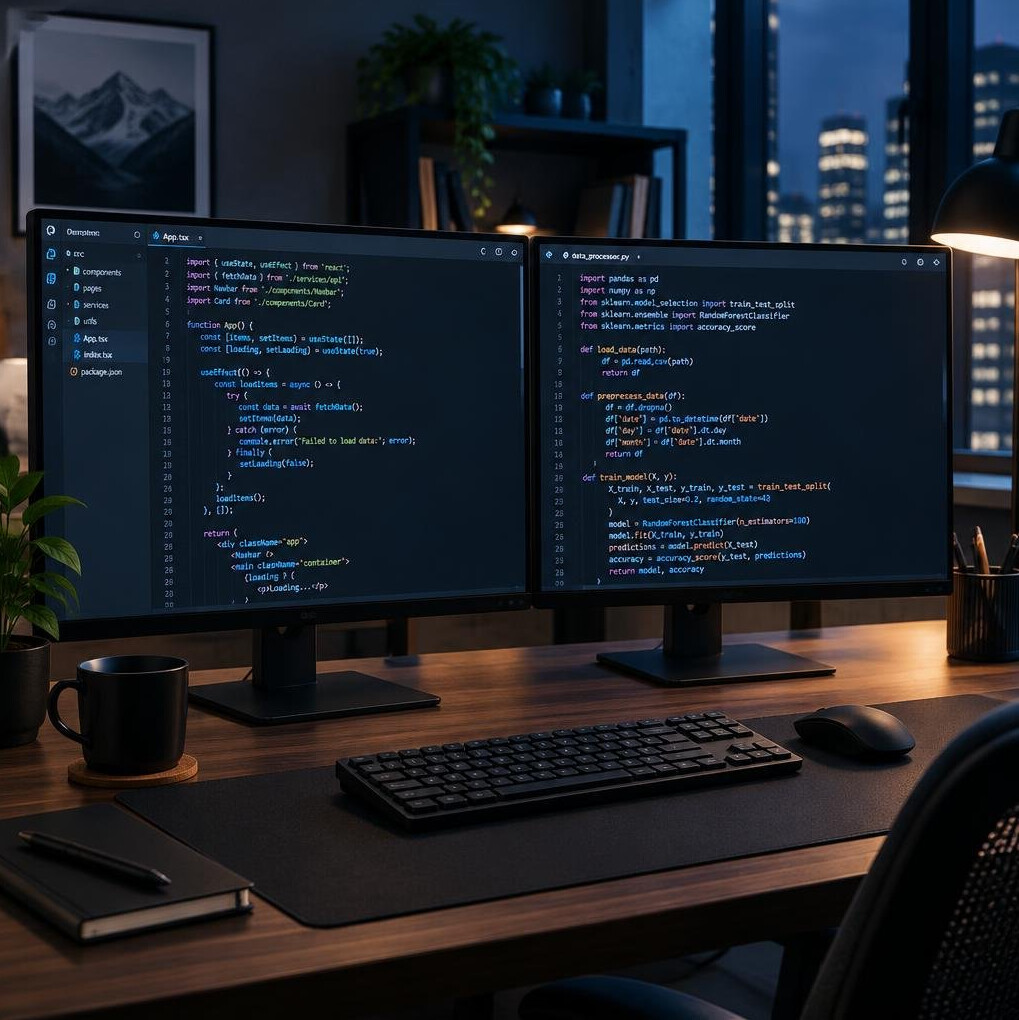 Dual monitor setup displaying lines of programming code