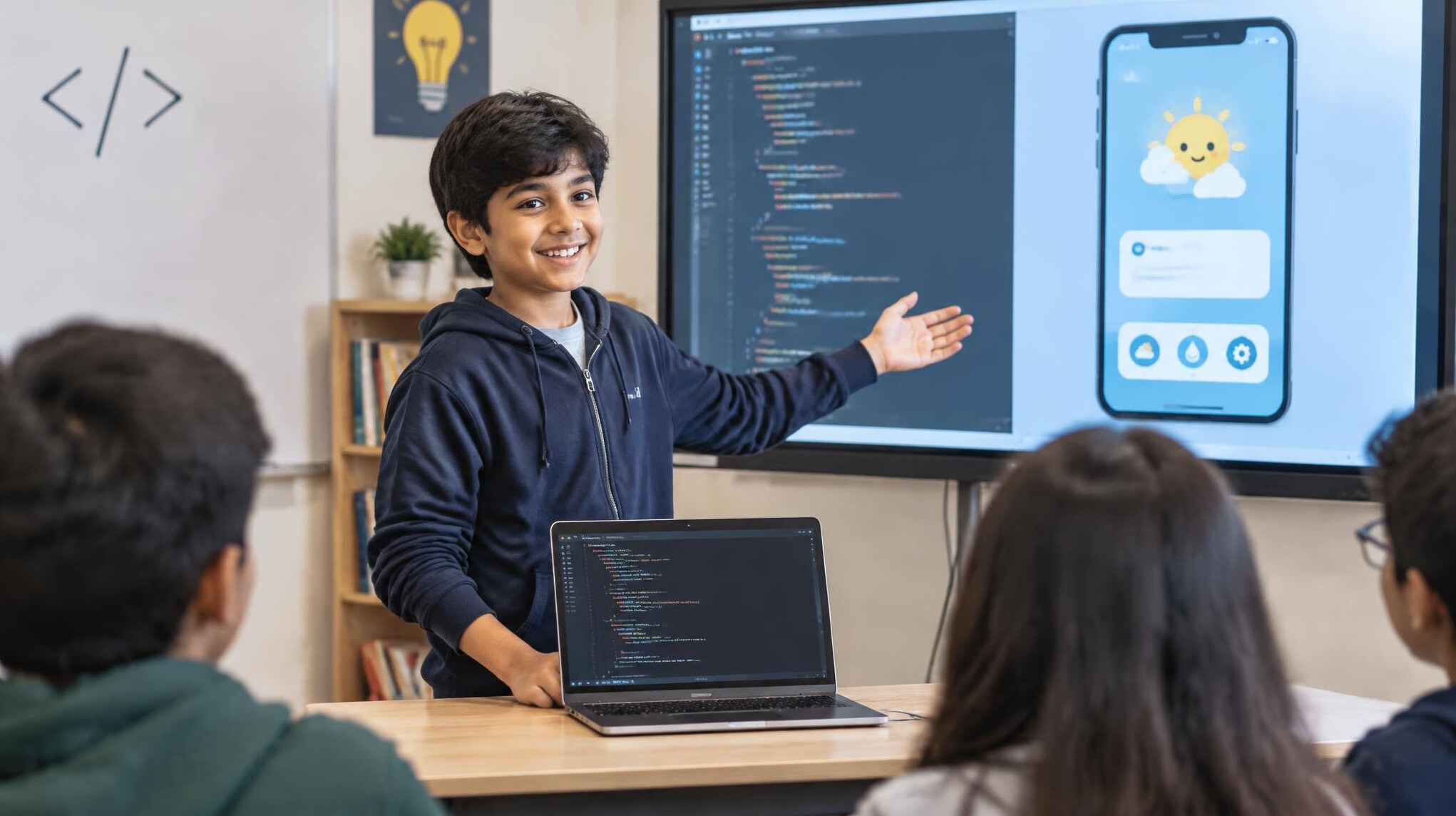 student presenting coding project