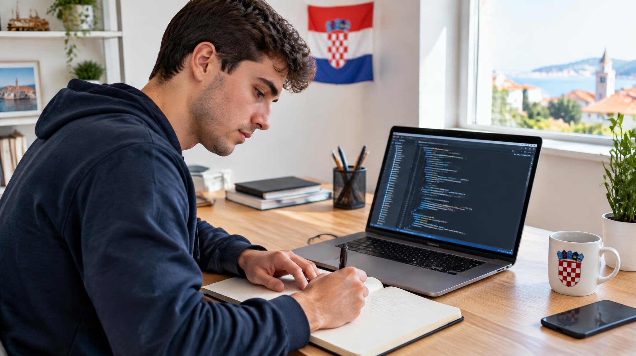 Person writing notes next to a laptop with code on screen